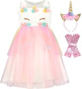 Prinsessenjurk meisje + Haarband- Kerstcadeau - Unicorn jurk - Unicorn speelgoed - Eenhoorn - 122/128 (130)