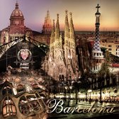 Dibond - Stad / Barcelona - Collage in beige / wit / zwart / rood - 100 x 100 cm.