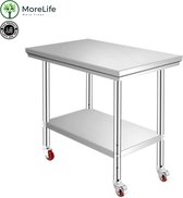 MoreLife Roestvrijstalen werktafel voor in de keuken - Keuken werktafel met wielen - Keuken trolley -  RVS werktafel - Zwenkwielen - Werktafel op wielen - Werkbank keuken - Keukentafel voor p