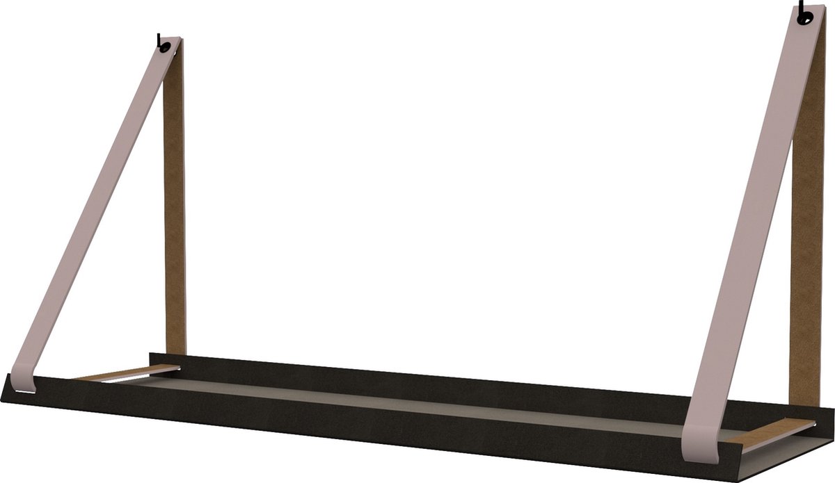 Handles and more - Stalen wandplank zwart 70cm + leren plankdragers Lilapaars