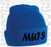 MUTS muts - Blauw (zwarte tekst) - Beanie - One Size - Unisex - Grappige teksten - Quotes - Kwoots - Wintersport - Aprés ski muts - Lekker droog