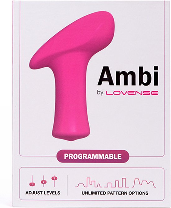 Verpakking van Lovense Ambi vibrator met een grote afbeelding van de roze vibrator, tekst 'PROGRAMMABLE' en grafieken.