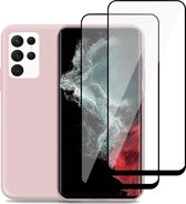 Samsung S22 Ultra Hoesje + Samsung S22 Ultra Screenprotector – 2x Glass Pet Folie -Liquid Back Case Cover Rose