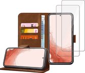 Samsung S22 Plus Book Case Hoesje - 2x Samsung S22 Plus Screenprotector - Flip Portemonnee Bruin met Screen Cover Tempered Glas
