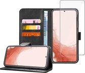 Samsung S22 Plus Book Case Hoesje - Samsung S22 Plus Screenprotector - Flip Portemonnee Zwart met Screen Cover Tempered Glas
