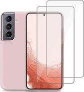 Hoesje geschikt voor Samsung S22 Plus + Screenprotector – 2x Tempered Glass -Liquid Back Case Cover Rose