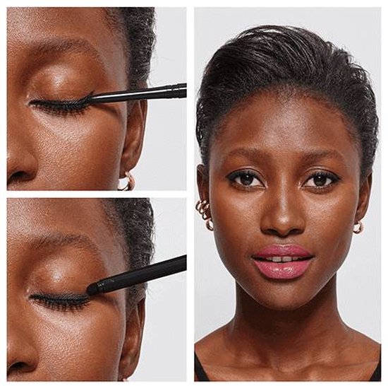 Collage van eyeliner applicatie en een vrouw met make-up.