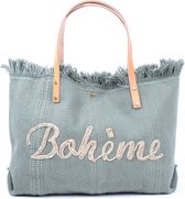 Boheme Strandtas/ Shopper Felgroen. Canvas strandtas met leren bandjes