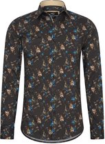 Heren overhemd Lange mouwen - MarshallDenim - Zwart met blauw en beige bloemenprint- Slim fit met stretch - maat 3XL
