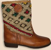 Bravas Boutique Kelim Boots ALISA Laag - Laarzen - 100% Echt Leder - Handgemaakt - Cognacbruin Met Gekleurde Kelim - EU 39