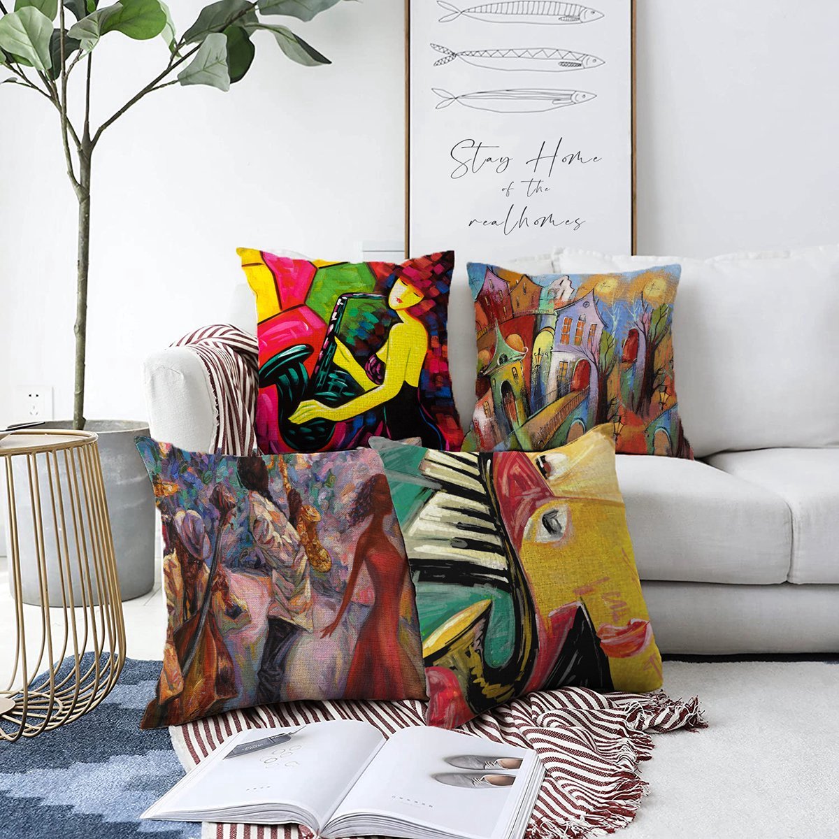 Zethome Art - Kussenhoes Set - 43x43 cm - 4 Stuks - Dubbelzijdig bedrukt - Levendige Kleuren - Kussenhoezen Set - Soft Touch - Verborgen Rits