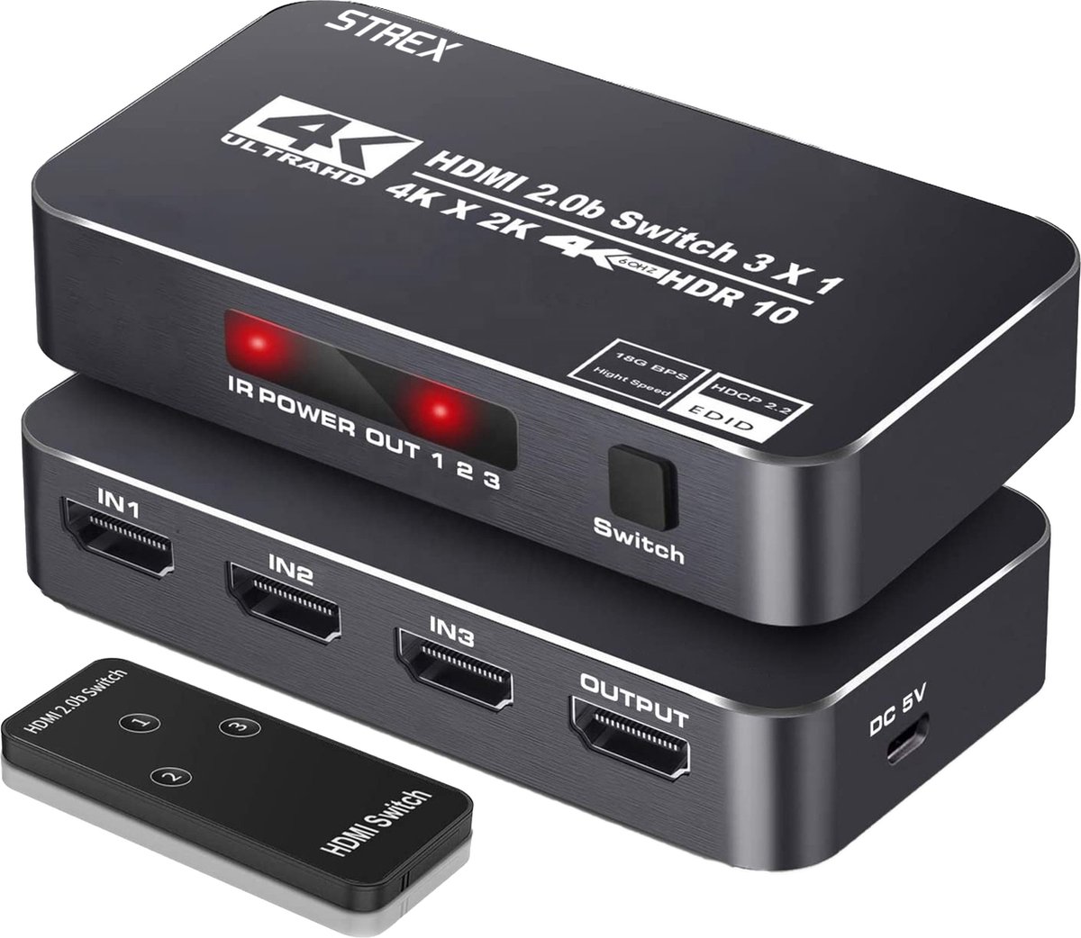 Strex HDMI Switch 4k HDR @60hz - 3 Input & 1 Output - 720P/1080P/4K/3D/Dolby Ondersteuning - HDMI Splitter - Incl. Afstandsbediening