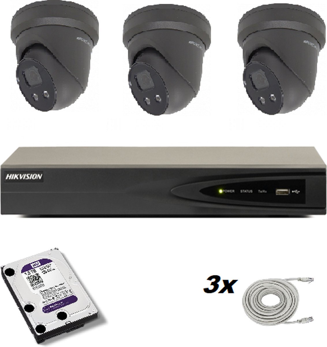 Hikvision set zwart met 3 x DS-2CD2346G2-I 4mp 2.8mm Ultra Low Light turretcamera’s, 1 x 4 kanaals DS-7604NI-K1/4P recorder, 1 x HD van 1 TB
