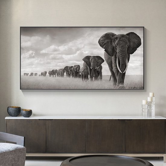 Olifanten Kudde - Afrika - Savanne - XL Poster - 100 x 50cm - Posters - Wanddecoratie - Kunst