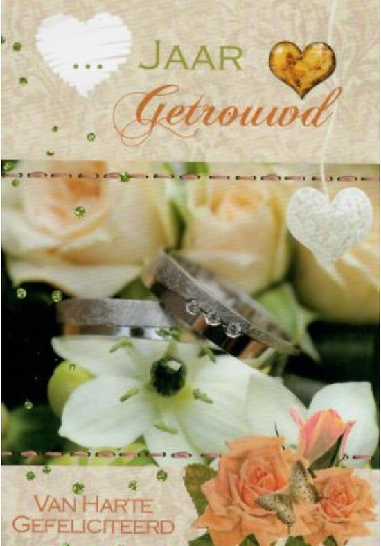 … jaar getrouwd! Van harte gefeliciteerd! Een bijzondere wenskaart met trouwringen, hartjes en bloemen. Een dubbele wenskaart inclusief envelop en…