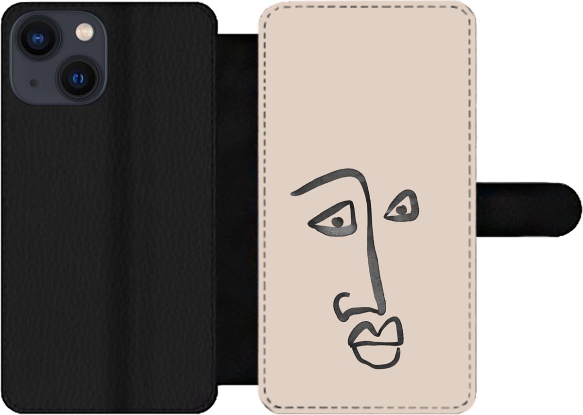 Telefoonhoesje Geschikt voor iPhone 13 Mini telefoonhoesje - Gezicht - Roze - Line art - Met vakjes - Wallet case met magneetsluiting