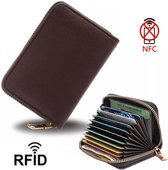Portefeuille RFID avec fermeture à glissière en cuir PU marron foncé / porte-cartes de crédit - porte-cartes avec fonction anti-skim RFID / ventilateur dames - portefeuille pour hommes.