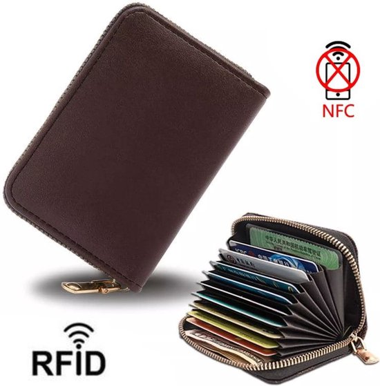 RFID Portemonnee met rits Donker Bruin PU-leder/ Creditcardhouder-Pasjeshouder met RFID anti-skim functie / waaier dames - heren portemonnee.