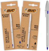 BIC Cristal Re'New Premium navulbare balpen van metaal - blauw en zwart - medium punt (1.0 mm) - 2 pennen en 4 vullingen