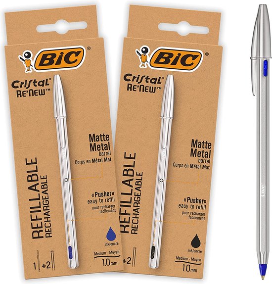 Stylo bille BIC Cristal Re' New Premium en métal, rechargeable, bleu et  noir, 2 stylos... | bol.com