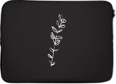 Laptophoes 13 inch - Line art - Bladeren - Zwart - Wit - Laptop sleeve - Binnenmaat 32x22,5 cm - Zwarte achterkant