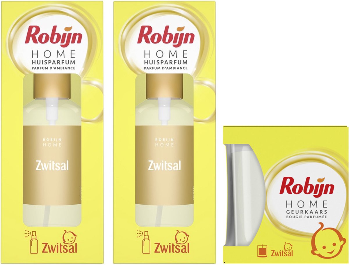 Robijn Home Huisparfum Zwitsal & Robijn Geurkaars Zwitsal - Pak Je Voordeel Verpakking - 2 x 45 ml Huisparfum + 1 x 115g Geurkaars