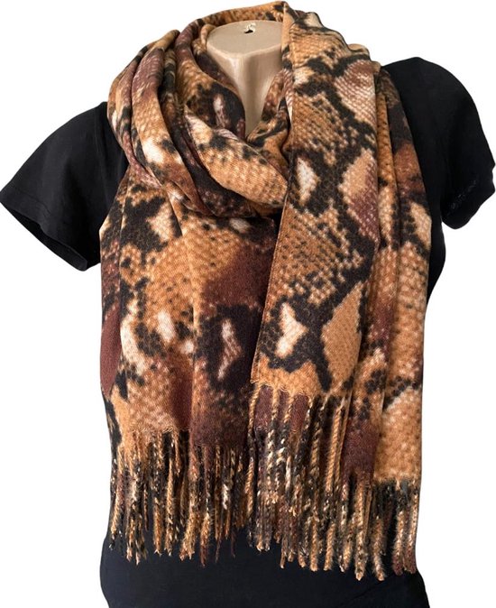 Lange Warme Dames Sjaal - Slangenprint - Camel - Bruin - Beige - Zwart - 178 x 67 cm