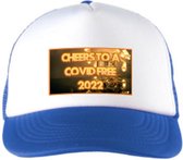 Custom made proostpakket, Cheers to a Covid free 2022 design, met 2 blauwe petten en 2 onbreekbare champagneglazen