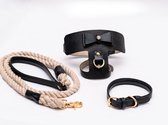 Stijlvol Leer - Harnas - hondenhalsband - riem - traktatiezakje - set - zwart - Halsband & tuigje maat M/L (32- 40 cm) - Riem 120cm