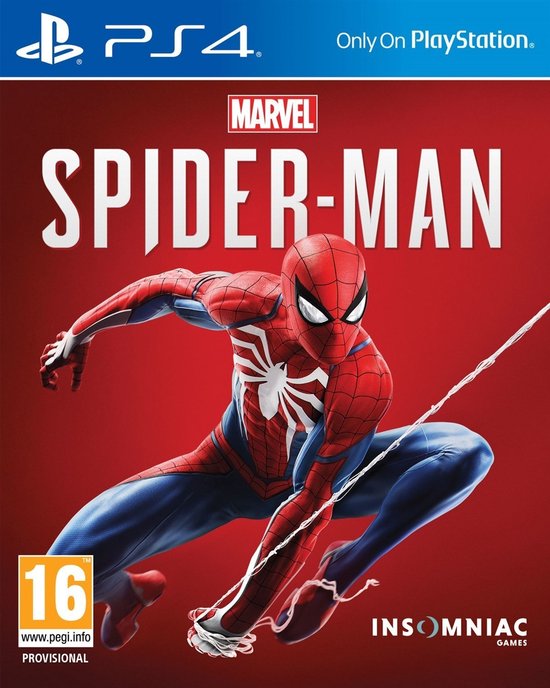 Playstation 4 hoes met Spider-Man in rood en blauw pak, schietend met webben, op rode achtergrond.