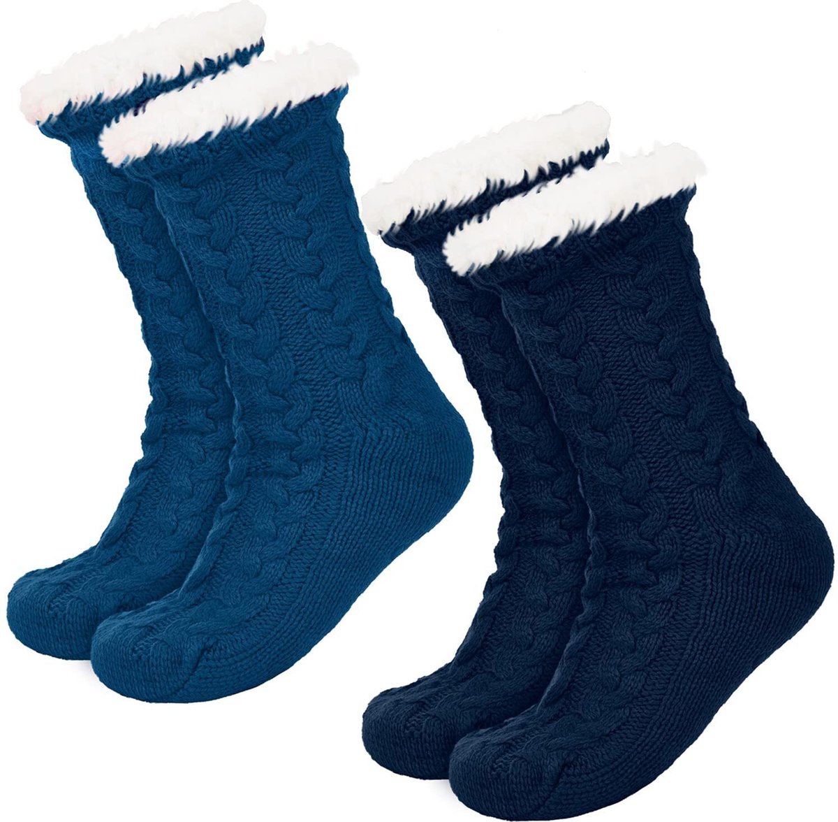 JAXY Huissokken - Huissokken Dames en Heren - Verwarmde sokken - Anti Slip Sokken - Fleece Sokken - Dikke Sokken - Fluffy Sokken - Slofsokken - Warme Sokken - Bedsokken - Gevoerde Sokken - Winter Sokken - 2 Paar - Petrol + Blauw