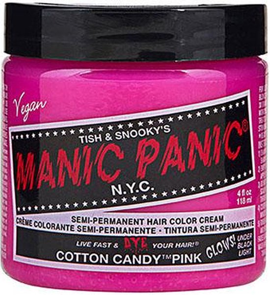 Een potje Manic Panic Cotton Candy Pink haarverf op een witte achtergrond, met vegan-logo.