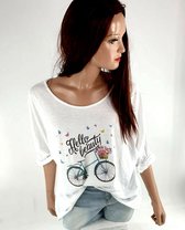 Katoenen zomer shirt met print "hello beauty" fiets kleur wit maat 48 50 52