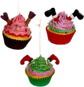 Kurt S. Adler Kerstornament - Cupcakes - set van 3 - roze groen rood - 7cm