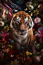 80 x 120 cm - Glasschilderij - tijger - kleurrijke bloemen - schilderij fotokunst - foto print op glas