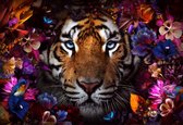 Glasschilderij - tijger - bloemen - 120x80 cm - Wanddecoratie