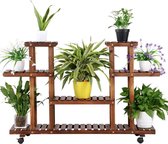 Yaheetech Plantentrap, plantenrek, hout, meerdere verdiepingen, bloemenrek met wieltjes, ruimtebesparend, balkon, interieur, 124 x 33 x 80 cm