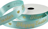 Luxe Paaslint 16mm (1,6cm) | Satijnlint Pasen | Lente Paas Lint | Happy Easter Hartje | Paasdecoratie Pasen | Turquoise Goud Glans | Cadeau Lint | Top Kwaliteit | Rol: 10 Meter