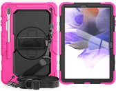 Samsung Tab S7+ 12.4 T970 / Samsung Galaxy Tab S7 FE 12.4 Tablet Kids case - Armor Case - Schermbeschermer - ShockProof - Handstrap - met Schouderband - Zwart / Roze - ZT Accessoir