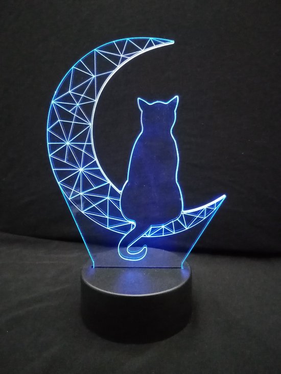 Nachtlamp 'Kat in maanlicht' - LED lamp - 3D Illusion - 7 kleuren en 4 effecten