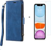 GSMNed – Hoogwaardig iPhone 11 Pro Max Hoesje Blauw – Leren Pu Hoesje –  pasjeshouder – Met rits sluiting – Wallet – Met Screenprotector