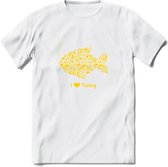 I Love Fishing - Vissen T-Shirt | Geel | Grappig Verjaardag Vis Hobby Cadeau Shirt | Dames - Heren - Unisex | Tshirt Hengelsport Kleding Kado - Wit - S