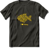 I Love Fishing - Vissen T-Shirt | Geel | Grappig Verjaardag Vis Hobby Cadeau Shirt | Dames - Heren - Unisex | Tshirt Hengelsport Kleding Kado - Donker Grijs - XL