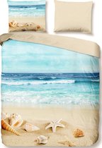 2-persoons dekbedovertrek (dekbed hoes) “zand strand” beige / blauw met zee (golven) en grote schelpen op het tropische strand (natuur fotoprint) KATOEN 200 x 220 cm