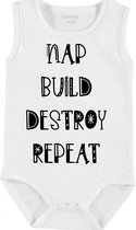 Baby Rompertje met tekst 'Nap, build, destroy, repeat' | mouwloos l | wit zwart | maat 62/68 | cadeau | Kraamcadeau | Kraamkado