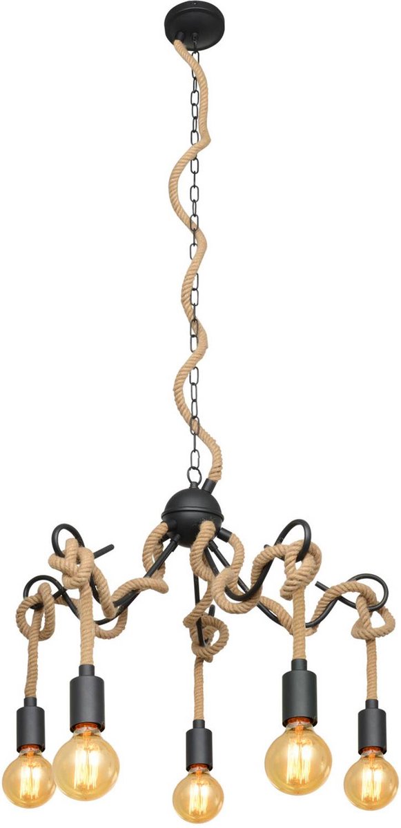 Lucande - hanglamp - 5 lichts - ijzer, touw - E27 - , lichtbruin