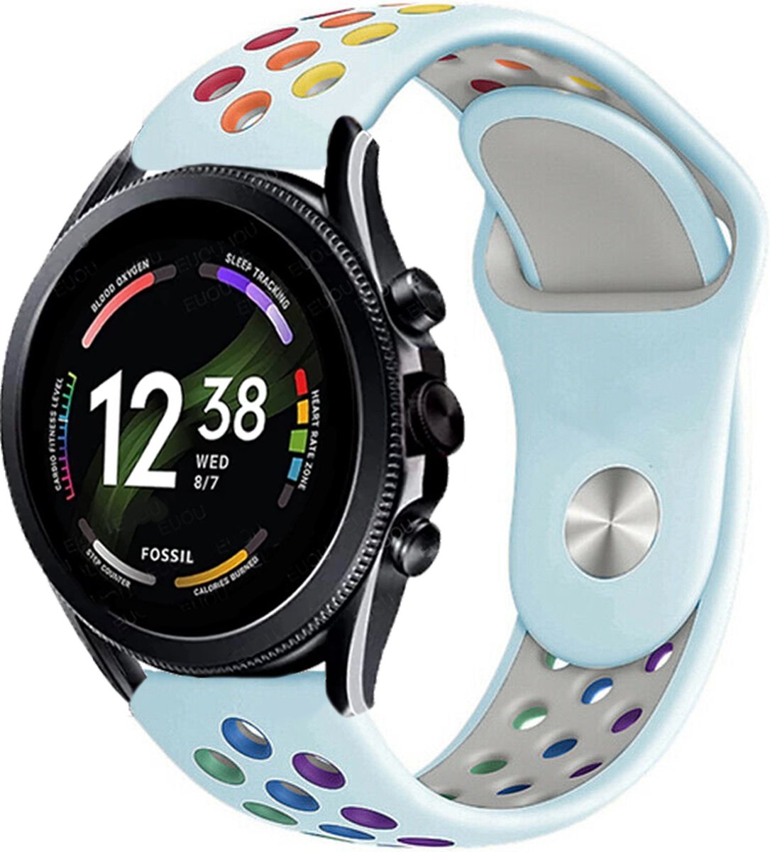 Strap-it Siliconen sport bandje - geschikt voor Fossil Gen 6 44mm / Gen 5 / Gen 5e 44mm - lichtblauw/kleurrijk