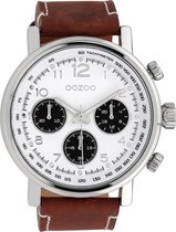 OOZOO Timepieces - zilverkleurige horloge met bruine leren band - C10060 - Ø48