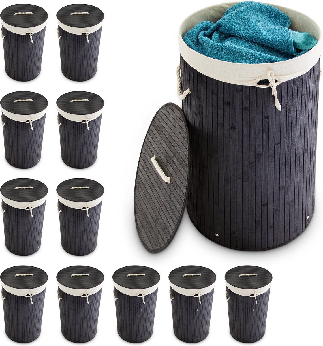Goedkoopste 12x wasmand bamboe - opvouwbare wasbox met deksel - 70 liter - rond - zwart