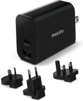 PHILIPS - Reisstekker - DLP2621T/0 - 4 Stekkers - UK, EU, AU en USA - USB-A en USB-C - Zwart